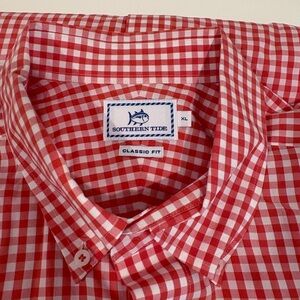 Southern Tide Orange and White Checkered Men's Shirt